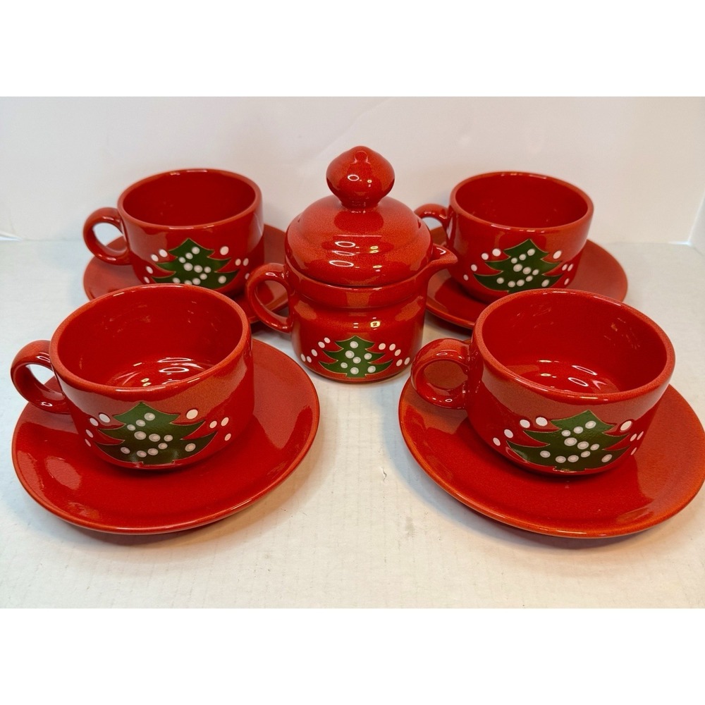 Waechtersbach Red Christmas Tree Cups & Saucers Set Of‎ 4 Creamer w/ Lid Germany